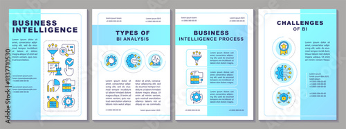 Business intelligence process brochure layout. Data management, machine learning. Leaflet advertising design with color line icons. Editable 4 pages. Arial-Black, Myriad Pro-Regular fonts used