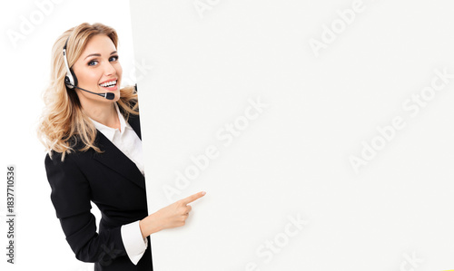 Call center. Customer support callcenter service phone operator, businesswoman sales agent wear headset, black suit jacket stand behind signboard with free ad text space, isolated white background