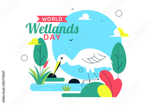 World Wetlands Day Vector Illustration on 2 February Featuring Stork Animals and Garden Background In Holiday Celebration Flat Cartoon Design