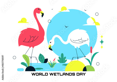 World Wetlands Day Vector Illustration on 2 February Featuring Stork Animals and Garden Background In Holiday Celebration Flat Cartoon Design