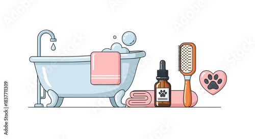 Pet bath and grooming essentials illustration with a bubbly bathtub, natural pet oil, soft towels, and a brush for animal hygiene and pampering