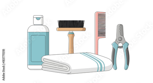 Essential pet grooming tools and supplies, including shampoo, brush, comb, towel, and nail clippers, designed for comprehensive animal hygiene and well-being maintenance