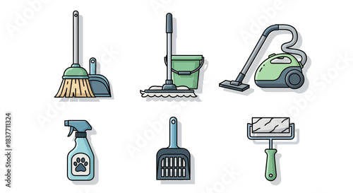 Essential household cleaning and maintenance tool icons collection, featuring various equipment for tidying and home upkeep tasks