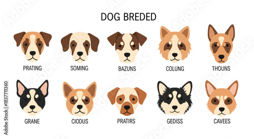 Collection of diverse flat design dog breed illustrations showcasing various canine facial features and fur patterns for pet-related graphics and educational content