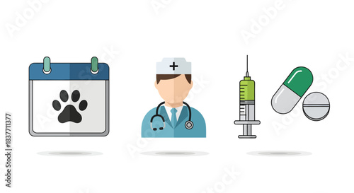 Comprehensive vector icon set detailing essential pet healthcare services from scheduling animal appointments to veterinary professional consultation and medication management for animals