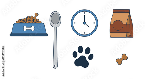 Vector icons for pet feeding and care Includes dog food bowl, spoon, clock, food bag, paw print, and bone. Illustrates daily animal nutrition and a healthy routine