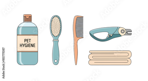 Essential Pet Grooming and Hygiene Tools Collection Shampoo, Brushes, Comb, Nail Clippers, and Soft Towels for Animal Care