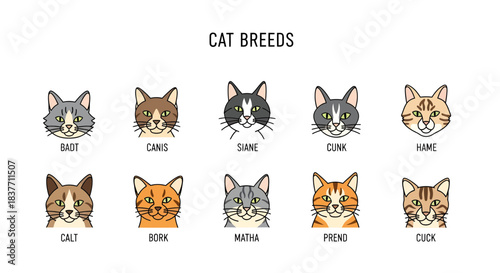 Charming vector illustration set showcasing diverse domestic cat faces, each highlighting unique breed characteristics like fur patterns, ear shapes, and expressive eyes in a delightful collection