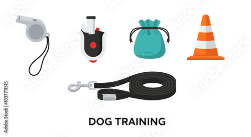 A comprehensive collection of essential tools and accessories for effective dog training, featuring various equipment to help pet owners teach commands and manage their canine companions