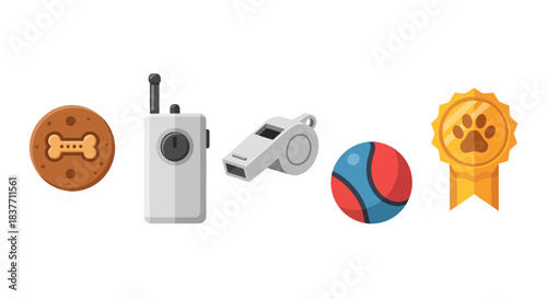 Illustrative collection of dog training and pet care items, featuring a bone biscuit, walkie-talkie, whistle, colorful ball, and a paw print achievement medal