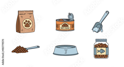 Essential pet food and feeding supplies illustrated a complete set featuring dry kibble, wet food cans, handy scoops, and a food bowl for animal nutrition and daily care