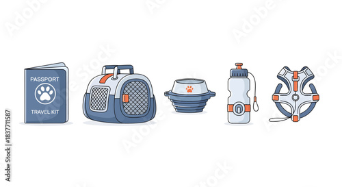 Collection of pet travel essentials carrier, water bottle, collapsible bowl, passport kit, and safety harness for secure animal adventures