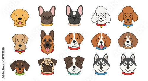 Adorable collection of diverse dog breed heads illustrated in a friendly cartoon style, showcasing popular domestic pets with unique expressions and vibrant details