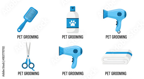 Comprehensive vector illustration set showcasing essential pet grooming tools and hygiene supplies for canine and feline care, perfect for home use or professional animal salons