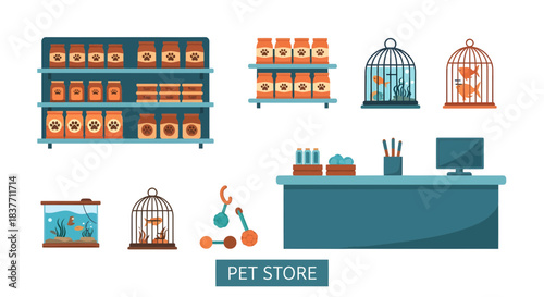 Vibrant Illustration of a Well-Stocked Pet Store Interior with Various Animal Supplies, Food Shelves, Cages, and Aquariums for Beloved Companions