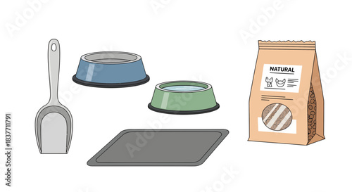 Collection of pet feeding and daily care supplies, including bowls, scoop, mat, and natural dry food, for a happy and healthy animal companion