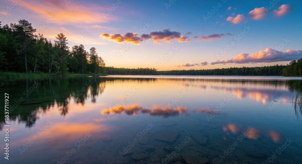 Fototapeta premium Tranquil lake at sunset, mirrored reflections