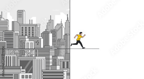 A determined person runs from a grayscale city into a vast, empty white space, symbolizing escape, fresh starts, and the pursuit of new opportunities.