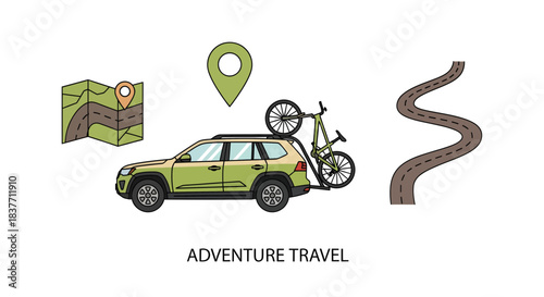 Adventure travel vector set car with bicycle, navigation map, location pin, winding road. Essential graphic elements for road trips and outdoor exploration
