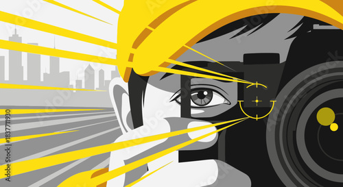 A stylized illustration shows a photographer intensely focused through a camera lens, capturing an urban scene with radiating yellow light, symbolizing media and observation.
