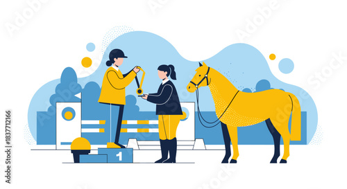 Female equestrian rider receiving gold medal on podium next to horse. Flat vector illustration of horse riding competition winner being awarded first place prize.