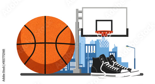 Dynamic vector illustration of a large basketball, classic high-top sneakers, and a city court with skyline, celebrating urban street sports and active lifestyle