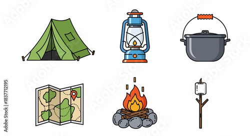 Vector icon collection of essential camping gear for outdoor adventures. Includes a tent, classic lantern, cooking pot, crackling campfire, wilderness map, and marshmallow stick
