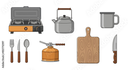 Collection of essential camping and outdoor cooking equipment illustrations, featuring a portable stove, kettle, cutlery, and chopping board, perfect for wilderness adventures and travel