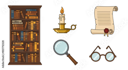 Vintage study and history vector icons bookshelf, candle, parchment scroll, magnifying glass, and eyeglasses for academic and mystery themes