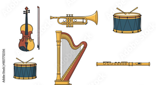 A charming set of classic orchestral instruments, including violin, trumpet, harp, drums, and flute, rendered in a clean, flat vector illustration style, ideal for music-themed projects and designs
