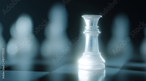 A symbolic chess piece glowing strongly on a digital board representing strategy and leadership