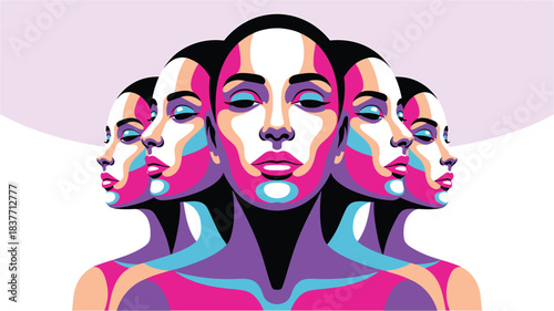 Illustration of vibrant abstract portrait of multiple faces
