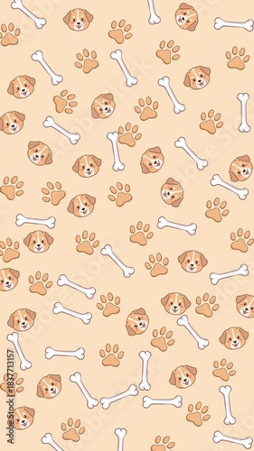 Repeating dog motifs of faces, paw prints, and bone shapes on a vertical background. Ideal for pet-related designs like packaging, stationery, fabrics, and merchandise.