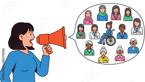 Illustration of woman with megaphone advocating for diverse group of people