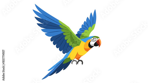 Vibrant tropical parrot illustration in dynamic flight, showcasing brilliant blue, yellow, and green plumage with wings spread wide, embodying freedom and exotic beauty in a vector design