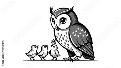 Wise parental owl observing and guiding its three adorable owlets, illustrating a tender moment of natural family nurturing and care in the wild