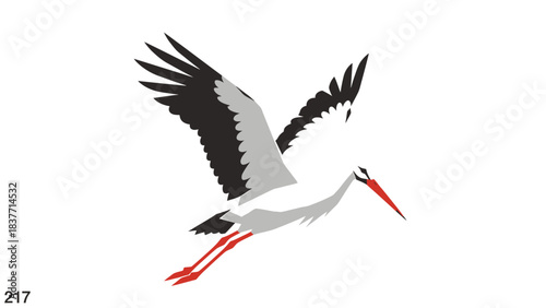 Elegant vector illustration of a white stork mid-flight, a dynamic representation of avian grace and freedom, perfect for designs celebrating nature, wildlife, and ecological themes