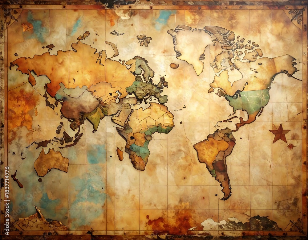 Naklejka premium Faded, old world map illustration with burn marks on a worn paper background