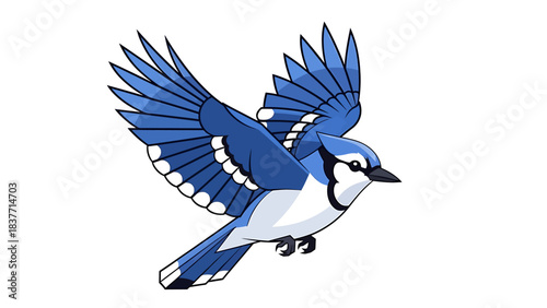 A vibrant illustration of a blue jay in mid-flight, showcasing its detailed feathers and striking blue plumage against a clean white background, perfect for nature and wildlife themes