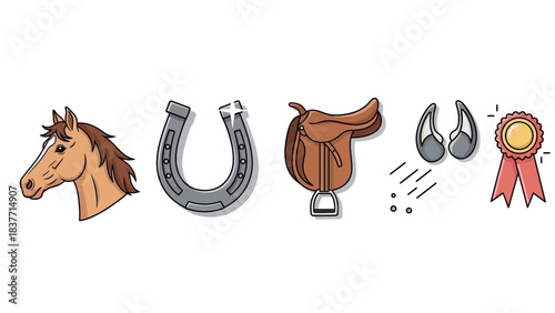 A collection of equestrian-themed icons including a horse head, horseshoe, saddle, stirrups, and a winner's rosette.