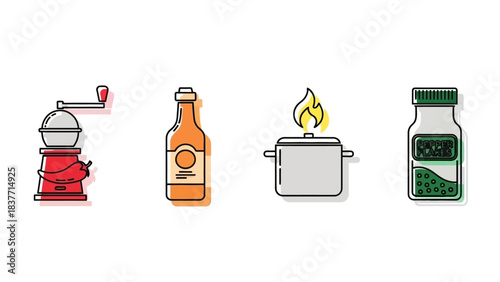 A set of four icons depicting kitchen and cooking items: a manual grinder, a beer bottle, a cooking pot with flames, and a spice jar.