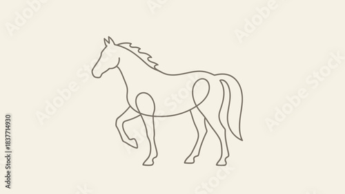 A minimalist line art drawing of a horse in profile, depicted walking with one leg lifted, on a plain light background.