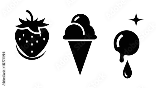 Black and white icons of a strawberry, an ice cream cone, and a shiny dripping drop.