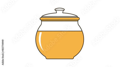 Simple illustration of a honey pot with a lid, filled with golden honey, on a white background.
