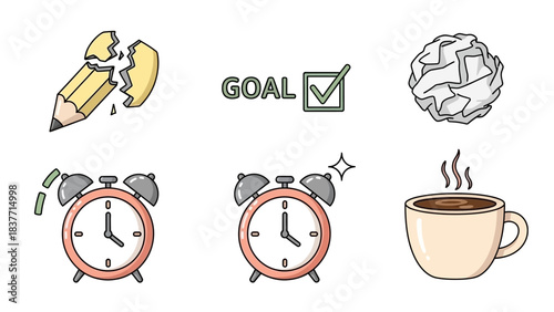 Icons representing productivity, challenges, goals, time management, and daily routine elements like a broken pencil, goal check, crumpled paper, alarm clocks, and coffee.