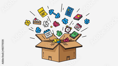 A cardboard box overflowing with various items representing ideas, tasks, and daily life elements bursting out.