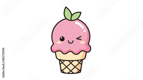 Cute pink strawberry ice cream cone with a winking face and green leaves on a waffle cone illustration.