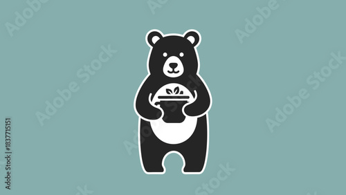 A cute black and white cartoon bear standing upright and holding a pot filled with small round objects, set against a solid blue-green background.