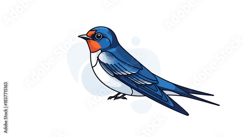 Vibrant illustration of a graceful barn swallow with striking blue and red plumage, perched elegantly and ready for flight, symbolizing spring, freedom, and the beauty of nature