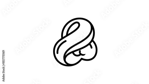 A stylized black and white line art ampersand symbol with a flowing, ribbon-like design on a white background.
